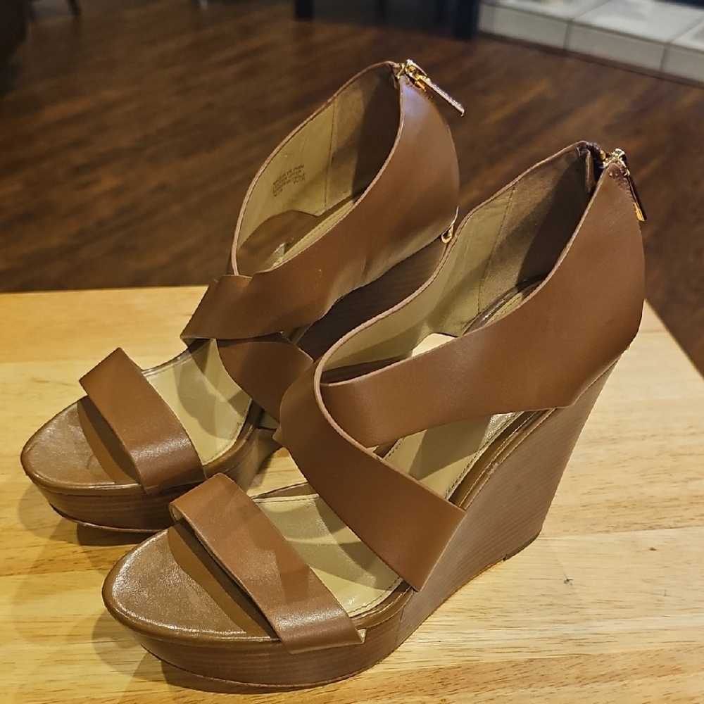 Michael Kors Cognac Brown Wedge Peep-Toe Sandals
